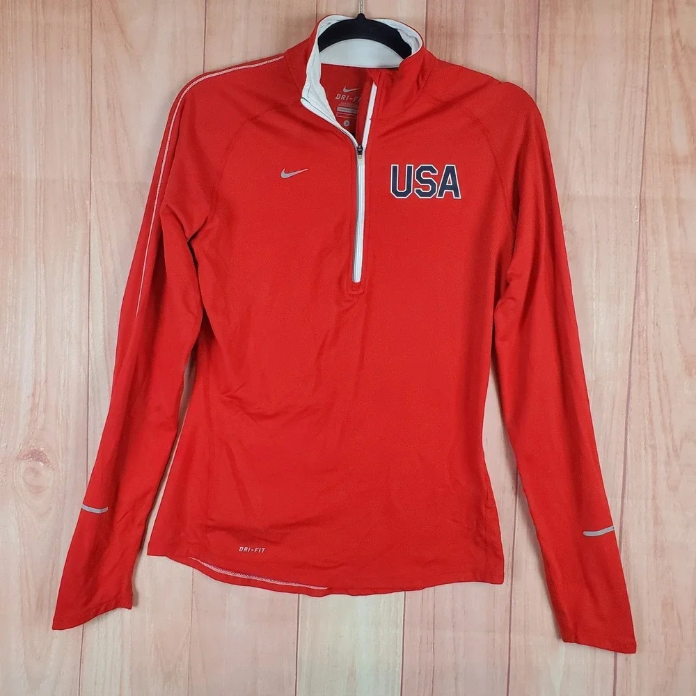 Nike Team USA Dri-FIT Womens Running Top Sz Small Red Quarter-Zip Nylon Pullover